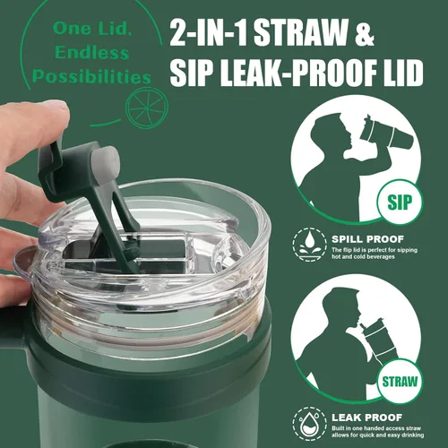 Miniatura 4 de Tronco - Vaso de vidrio de 40 onzas con popote y tapa, popote a prueba de fugas, vaso reutilizable para café helado con asa, botellas de agua