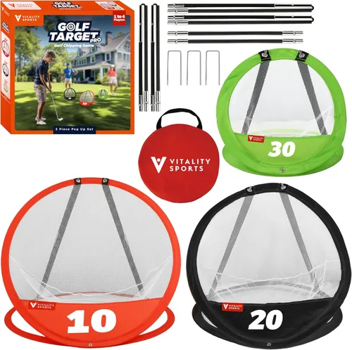 Miniatura 9 de Vitality Sports Red de astillado de golf, 3 piezas de red de práctica de golf emergente para patio trasero, juego de astillado para interiores