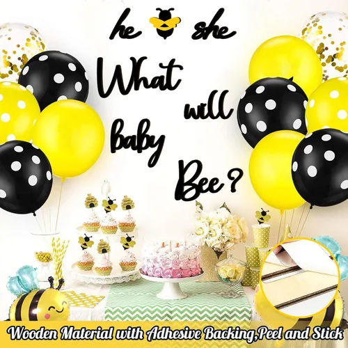 Miniatura 7 de Calcomanías de Decoración para Fiesta de Revelación de Género de Abeja Bebé de Madera Él o Ella Qué Será Abeja Bebé Letreros de Baby Shower