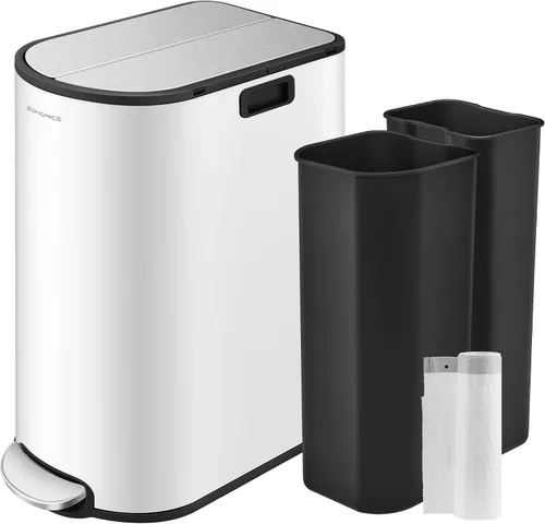 Miniatura 9 de SONGMICS Bote de basura doble de cocina de 13 galones, compartimentos de 5.3 y 8 galones, bote de basura con tapas de ala, acero inoxidable, cierre