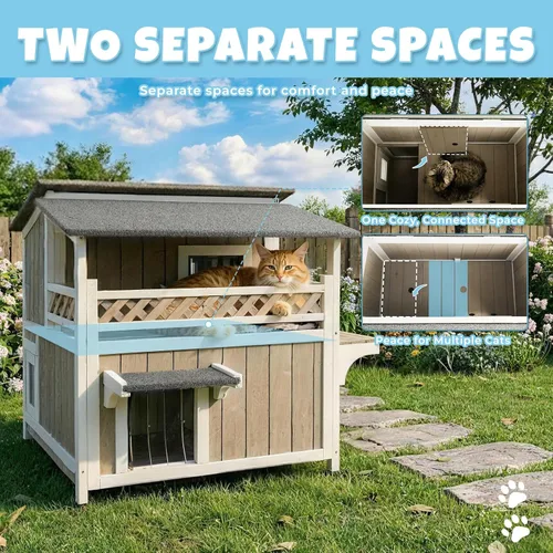 Miniatura 2 de Casa de madera para gatos para exteriores e interiores, resistente a la intemperie, refugio para gatos de dos pisos, hogar cerrado para gatos