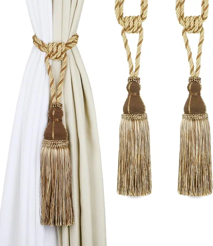 Miniatura 6 de BEL AVENIR Paquete de 2 alzapaños de cortina con borlas, grandes hechos a mano, cuerda para el hogar, oficina, hotel, elegante decorativo (beige)