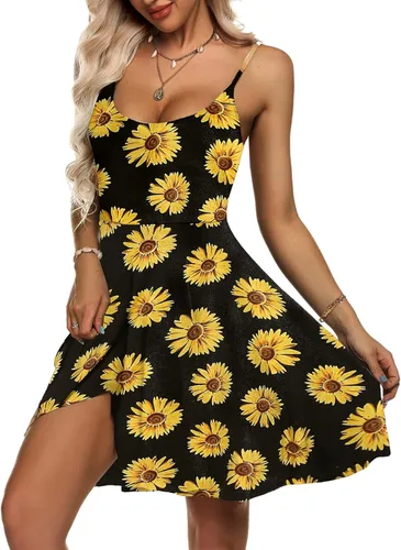 Miniatura 4 de ACEVOG Vestido de verano para mujer floral sin mangas ajustable con tirantes delgados cuello en V salida de baño acampanado debajo de la rodilla