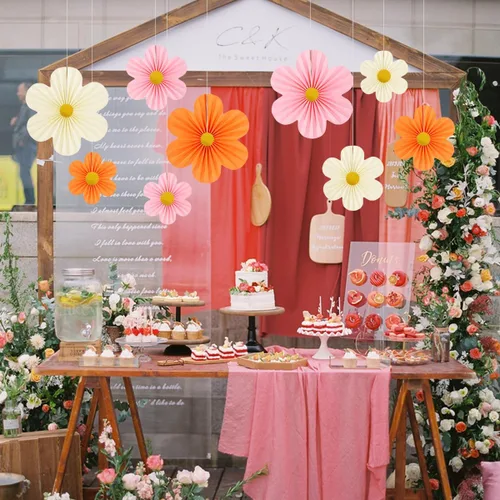 Miniatura 6 de Decoración de fiesta rosa y naranja, decoración de flores de papel para pared, abanicos de papel, telón de fondo floral, decoración de pared