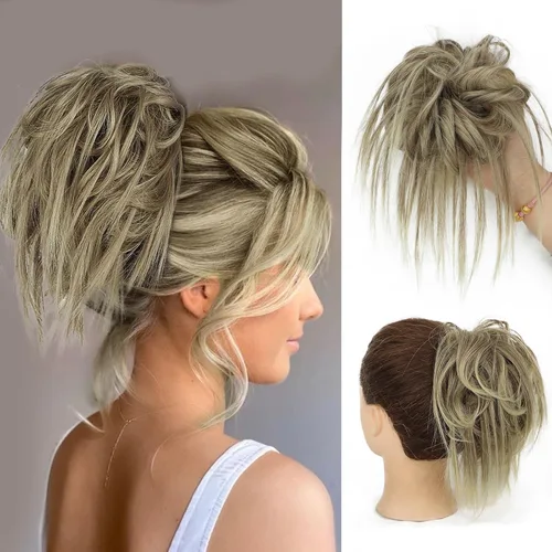 Miniatura 11 de Lativ Extensión de moño desordenado con coletero, recogido, ondulado, rizado, moño sintético para mujeres y niñas (rubio ceniza y rubio decolorado)