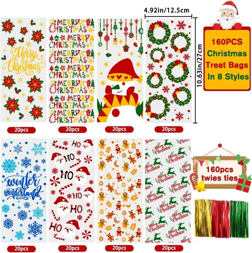 Miniatura 4 de DULEFUN 160 bolsas de celofán de Navidad, 8 estilos, transparentes para dulces, galletas, golosinas, bolsas de celofán con lazos de torsión