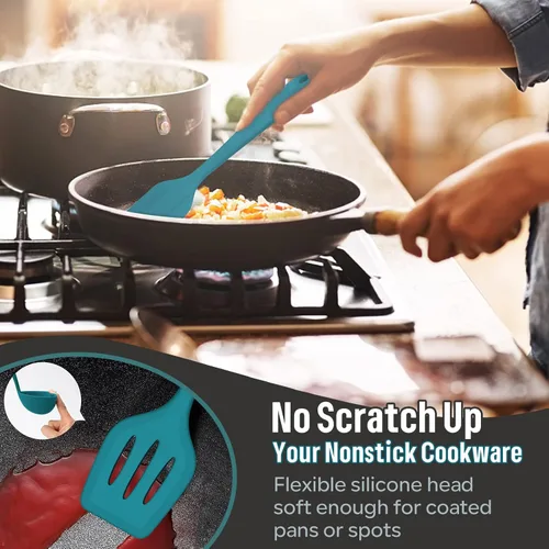 Miniatura 4 de E-far - Juego de utensilios de cocina de silicona, 7 piezas, color azul, resistentes al calor, herramientas antiadherentes, espátula, cucharón