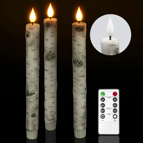 PChero - Velas cónicas sin llama con temporizador remoto, paquete de 3 portavelas de corteza de abedul con cera real que funcionan con pilas, velas