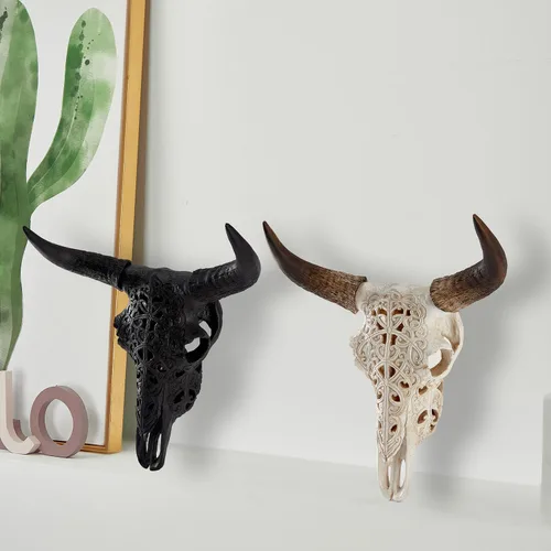 Miniatura 5 de OTARTU Escultura para colgar en la pared, diseño tribal negro, diseño tallado con calavera de buey de 19 pulgadas, arte de decoración de pared