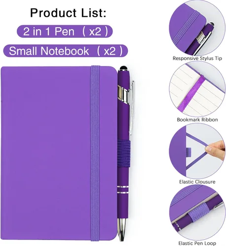 Miniatura 3 de Paquete de 2 cuadernos de bolsillo rayados con bolígrafo, cuaderno de tapa dura A6, mini bloc de notas de 3.7 x 5.5 pulgadas, papel grueso de 3.53