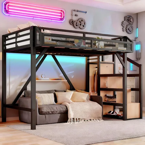 Miniatura 9 de Bellemave Cama tipo loft de metal tamaño Queen con escaleras de almacenamiento, estantes y armario, marco de cama tipo loft tamaño Queen con luces