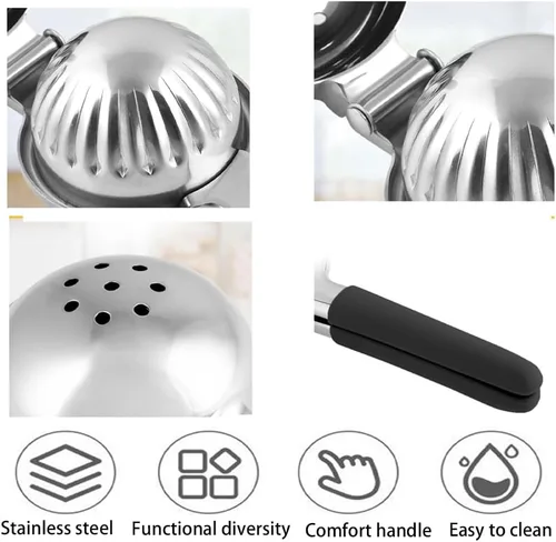 Miniatura 6 de Exprimidor de limón de acero inoxidable, asas de silicona, exprimidor de mano para limones, limas y naranjas, diseño ergonómico antideslizante, Negro