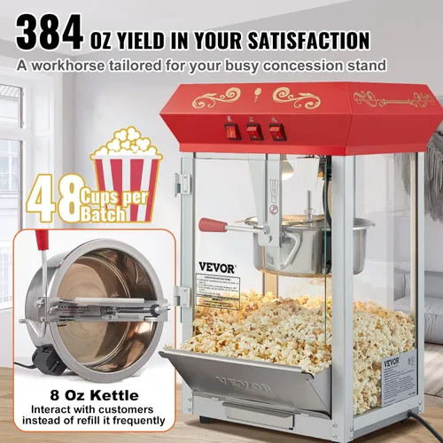 Miniatura 3 de VEVOR - Máquina comercial para hacer palomitas, hervidor de 8 oz, máquina de palomitas de 850 W para 48 tazas por tanda, máquina de palomitas