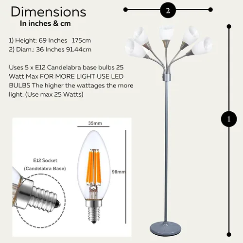 Miniatura 4 de LIGHTACCENTS Lámpara de pie Medusa de 5 luces para dormitorio – Lámpara de pie con múltiples cabezas y 5 pantallas de acrílico blanco, lámpara araña