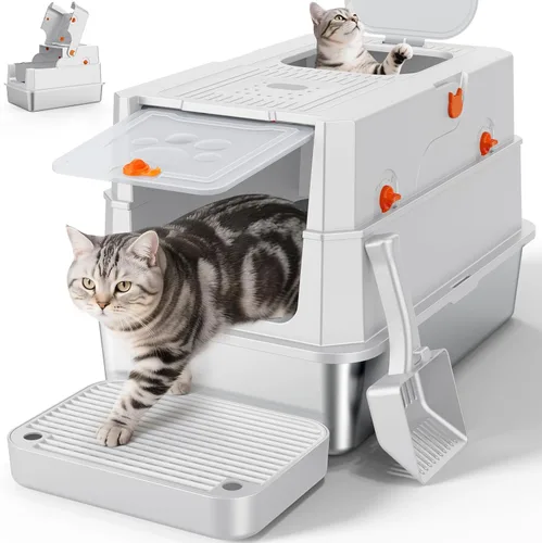FURTIME Caja de arena de acero inoxidable con tapa, caja de arena cerrada extragrande para gatos grandes, caja de metal para gatos con caja de alta