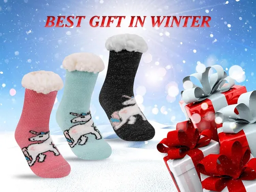 Miniatura 7 de 3 pares de calcetines tipo pantuflas para niños y niñas con forro de sherpa de invierno mullidos cálidos suaves antideslizantes