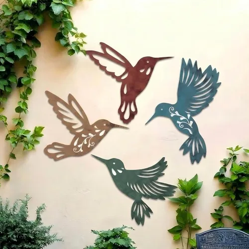 Miniatura 7 de Teling 4 piezas de arte de pared de colibrí de metal, libélula de metal, decoración de pared para casa de campo moderna, rústica, sala de estar