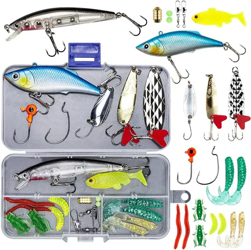 GOANDO Fishing Lures Kit for Freshwater Bait Tackle Kit for Bass Trout Salmon Fishing Accessories Tackle Box Including Spoon Lures Soft Plastic 24