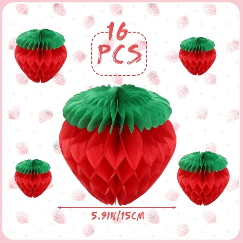 Miniatura 2 de Zonon 16 unidades de 6 pulgadas decoración de fiesta de fresas rojas bolas de panal de abeja de fresa roja, guirnalda de decoración colgante