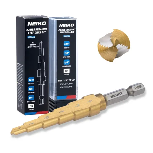 Miniatura 14 de NEIKO 10602A Step Drill Bit, 13 Steps 1/8" to 1/2" Spiral High Speed Steel, Titanium Nitride Coated, 1/4" Quick Change Step Bits for Steel, Metal