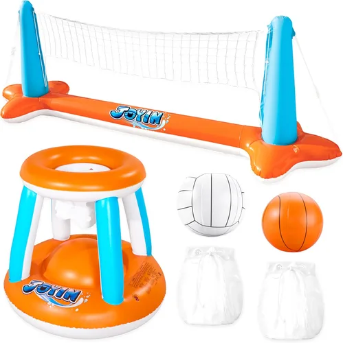 JOYIN Juego de flotador inflable para piscina, red de voleibol y aros de baloncesto, juguete flotante de natación para niños y adultos, flotadores