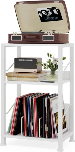 Hosfais Soporte para tocadiscos de 3 niveles, mesa auxiliar de almacenamiento para discos de vinilo retro con estante para registros para sala de