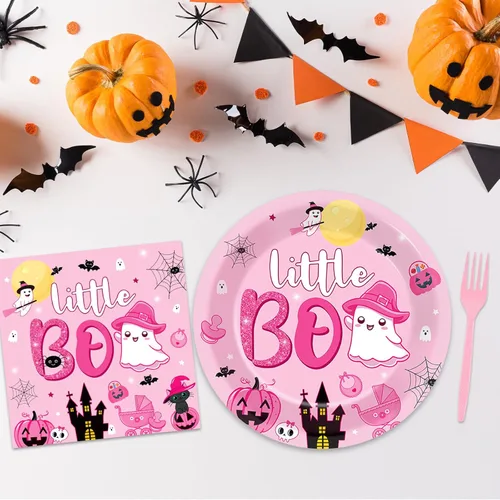 Miniatura 5 de ZOIIWA Juego de vajilla desechable de 96 piezas para fiesta de Halloween Little Boo Baby Shower para niñas, suministros de fiesta de fantasmas