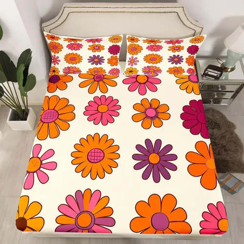 Miniatura 19 de Juego de ropa de cama con diseño floral bohemio, tamaño individual, diseño retro de flores groovy, 60S y 70S, diseño de flores hippie para niños