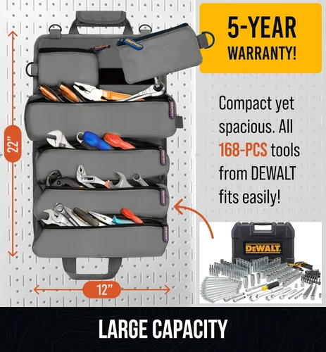 Miniatura 3 de CRAFT911 Organizadores de bolsas de herramientas duraderas con 6 bolsas de herramientas desmontables, tamaño pequeño, organizador enrollable de Gris
