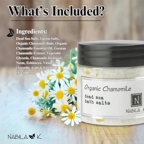 Miniatura 4 de Nabila K - Sales de baño orgánicas de manzanilla – Sal del Mar Muerto y sal de Epsom exfoliante y remojar – Exfolia e hidrata la piel, aceites
