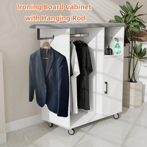 Miniatura 3 de Gabinete de tabla de planchar con almacenamiento, estación de planchar independiente sobre ruedas con soporte de hierro resistente al calor, 2