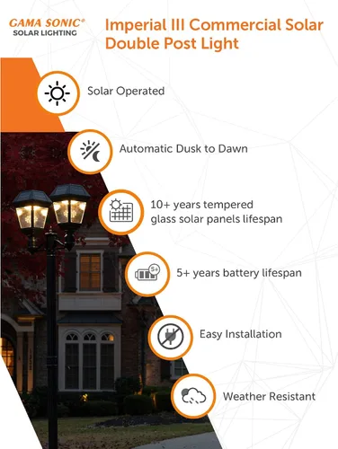 Miniatura 4 de Gama Sonic Imperial III - Lámpara solar de poste de aluminio fundido y lente biselada, lámpara solar doble para exteriores, salida de 600 lúmenes