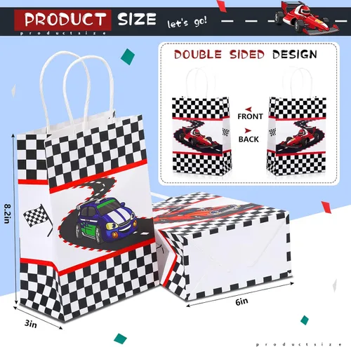 Miniatura 3 de 24 bolsas de regalo para fiestas de autos de carreras, bolsas de papel con asas para niños y niños, con temática de bandera de carreras a cuadros