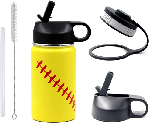 Miniatura 21 de Botella de agua de baloncesto de 12 onzas, botella de agua deportiva aislada al vacío de acero inoxidable con popote y 2 tapas, botella de agua