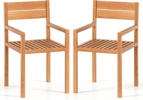 Miniatura 9 de HAPPYGRILL Silla de comedor de madera de teca, sillón de muebles de madera para exteriores con asiento y respaldo de listones, para patio trasero