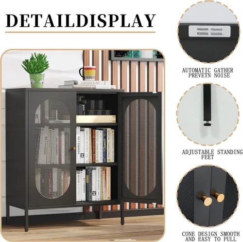 Miniatura 5 de Armario de almacenamiento de metal con 2 puertas de malla para sala de estar, hogar, hotel, oficina, garaje, cocina, 3 niveles, 2 estantes Negro