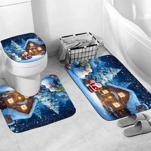 Miniatura 3 de AZHM Juego de cortinas de ducha de Navidad con alfombras, cabaña nocturna nevada y árbol de Navidad, conjuntos de baño 4PCS, decoración de Papá Noel