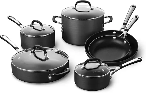 Calphalon Juego de utensilios de cocina antiadherentes de 10 piezas, ollas y sartenes negras con asas de acero inoxidable que se mantienen frías,