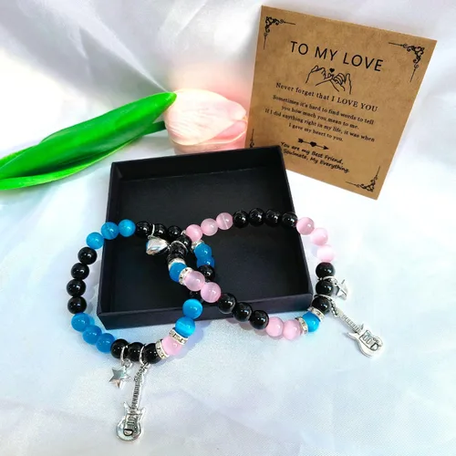Miniatura 10 de 2 pulseras magnéticas para parejas, piedra natural negra mate, cristal para votos de amor eterno, juego de pulseras de cuentas de piedra de energía