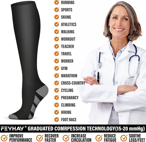 Miniatura 4 de FEYHAY Calcetines de compresión de cobre (5 pares) de 15-20 mmHg, la circulación es la mejor atlética y diaria para hombres y mujeres, correr