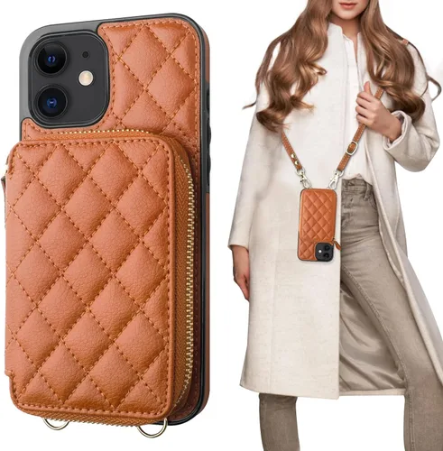 Miniatura 15 de Bocasal Funda tipo cartera cruzada para iPhone 12/12 Pro, bloqueo RFID, de piel sintética, con cremallera, bolso cartera con tapa plegable, funda
