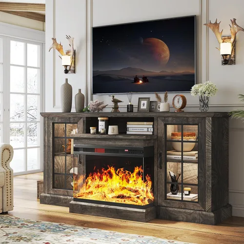 Miniatura 19 de oneinmil - Soporte de TV con chimenea de 59 pulgadas y vidrio en 3 lados para aparatos de hasta 65 pulgadas, centro de entretenimiento moderno