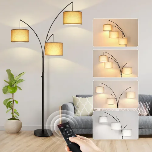 OUTON Lámpara de pie LED de arco con control remoto, lámpara de pie alta arqueada regulable moderna de 3 luces en negro, lámparas de pie ajustables