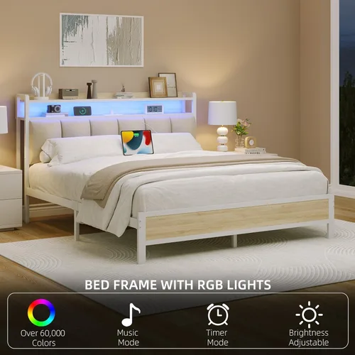 Miniatura 4 de IMMERSTABLE - Base de cama individual con cabecero de almacenamiento, marco de cama de plataforma metálico individual con luces LED y estación