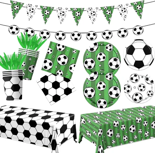 Juego de vajilla para fiesta de fútbol, 142 piezas de platos y servilletas para fiesta, incluye bandera, platos, vasos, servilletas, mantel para