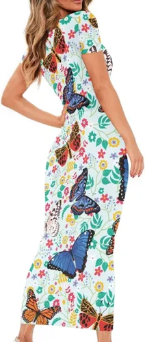 Miniatura 2 de DUOLIFU Vestido largo ajustado de manga corta con cuello redondo y estampado 3D de Van Gogh Starry Night para mujer