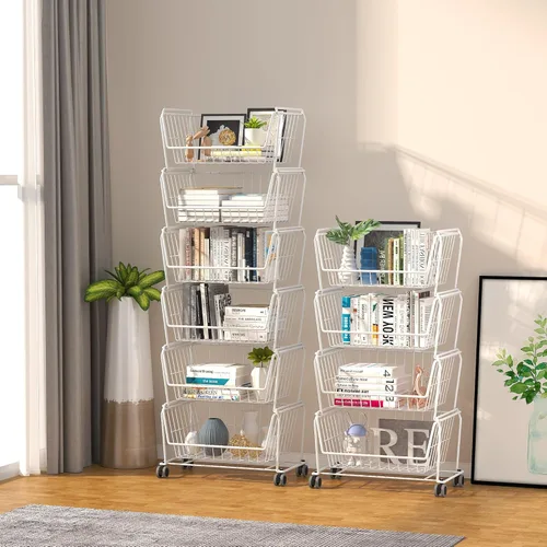 Miniatura 6 de PUSDON Carritos de almacenamiento de metal apilables, estante de doble uso para cocina, cestas de frutas y verduras con ruedas, estante de Blanco