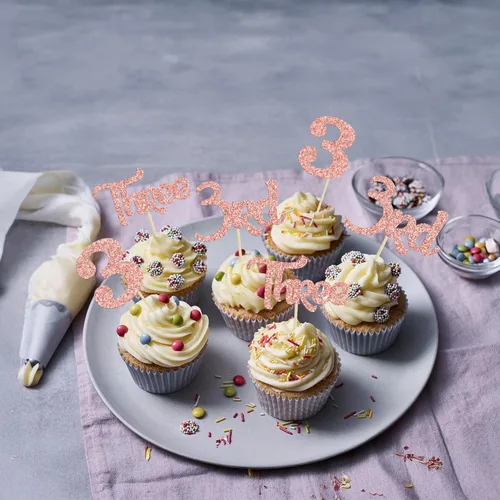 Miniatura 8 de 24 unidades de adornos para cupcakes con purpurina, 3 adornos para cupcakes, púas para cupcakes de 3er cumpleaños, adornos para pastel de baby Oro