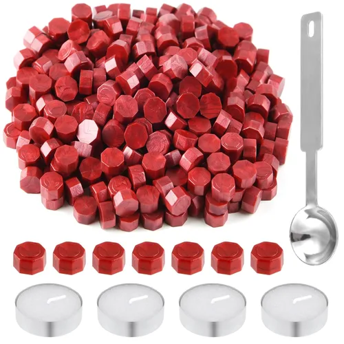 Miniatura 8 de 500 piezas de cuentas de cera octogonales para sellos de cera de bronce con 4 velas de té y 1 cuchara para derretir cera para manualidades, cartas