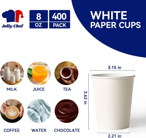 Miniatura 2 de JOLLY CHEF Paquete de 400 tazas de papel para café de 8 onzas, tazas de papel para bebidas blancas para café, agua, jugo o té, adecuadas
